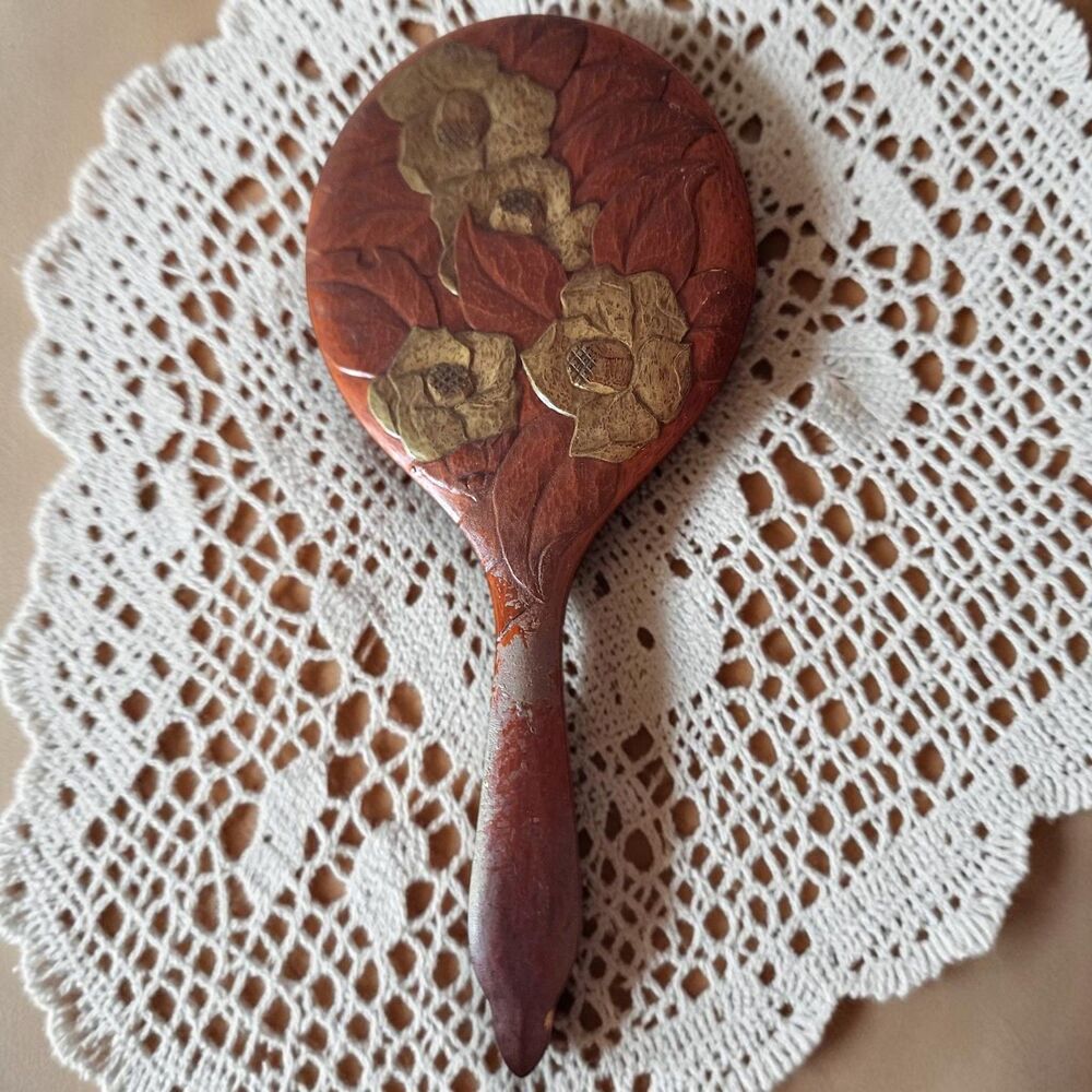 Vintage Asian Wood Hand Mirror Carved Floral Brass Inlay Vanity Mirror 13"